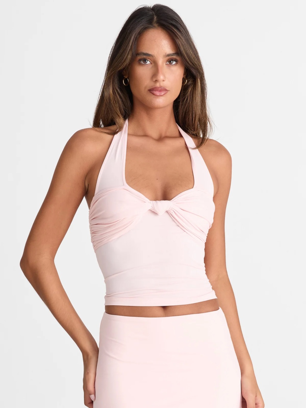 Sasha Therese Light Pink Halter Twist Front Crop Top
